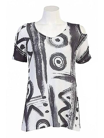 Jess & Jane Women's Puzzle Ribbed Open Shoulder Top in Black White Abstract (view 2)
