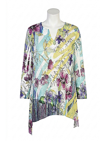 Jess & Jane Rebecca Slit V-Neck Chiffon Contrast Top in Multicolor Floral Striped Print (view 1)