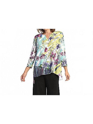 Jess & Jane Rebecca Slit V-Neck Chiffon Contrast Top in Multicolor Floral Striped Print (view 2)