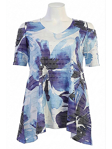 Jess & Jane Women's Tahoe Double Knit Cold Shoulder Top in Blue Violet Abstract Floral (view 1)