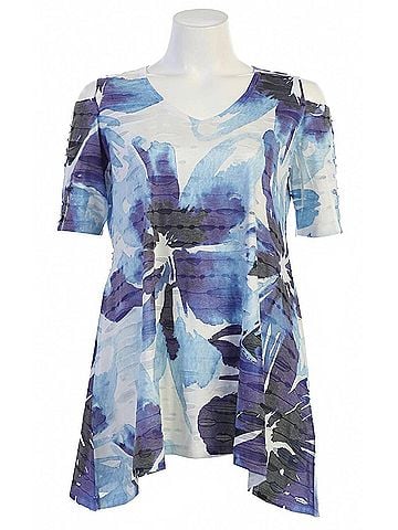 Jess & Jane Women's Tahoe Double Knit Cold Shoulder Top in Blue Violet Abstract Floral (view 2)