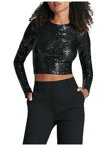 Commando Sequin Long Sleeve Crewneck Crop Top in Black (view 2)