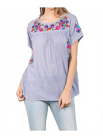 See and Be Seen On The Border Embroidered Top in Blue Stripe (view 2)
