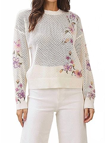 ABLE Floral Print Open Knit Sweater in Cream (view 2)