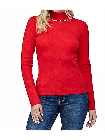 Fate Pearl Trim Turtleneck Sweater in Red (view 2)