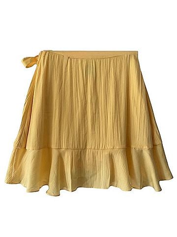 Anthropologie Maeve Anthropologie Butter Yellow Wrap Ruffle Skirt Casual Skirt (view 2)