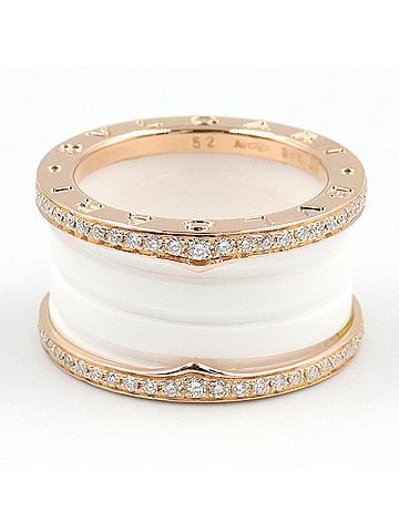 Bvlgari BVLGARI B-zero1 4-band ceramic diamond ring. A women's ring in 18K pink gold (PG). Features diamonds, construction, and a gold/white/clear finish. Item number 349964. (view 2)