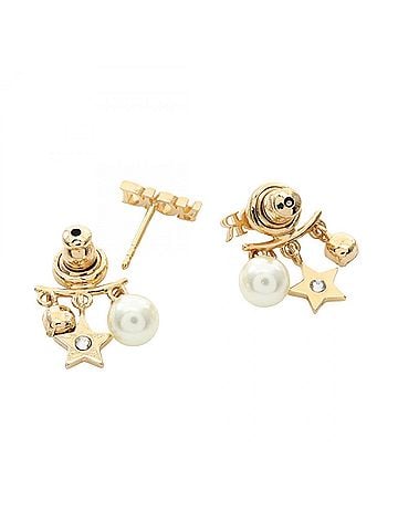 Christian Dior Christian Dior Dior Logo Star Earrings, Gold Plated (GP), Faux Pearl, Rhinestone, Women's, Gold, White, Clear. (view 2)