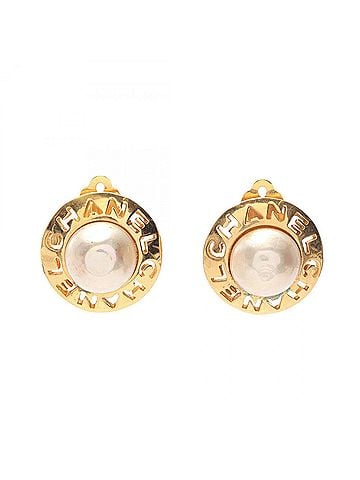 Chanel Chanel CHANEL Logo Vintage Earrings Jewelry GP (Gold Plated) Faux Pearl Women's Gold/White (view 1)