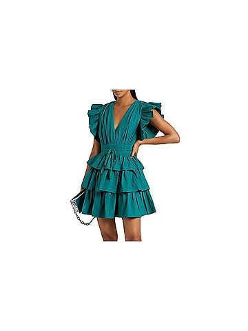 Ulla Johnson Ulla Johnson Camilla Tiered Pintuck Cotton Poplin Mini Dress Teal Ruffle Size 10 Cocktail Dress (view 1)