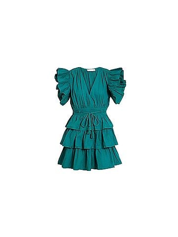 Ulla Johnson Ulla Johnson Camilla Tiered Pintuck Cotton Poplin Mini Dress Teal Ruffle Size 10 Cocktail Dress (view 2)
