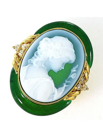 Unbranded 18K (18-karat) Yellow Gold Ring with Stone Cameo (Agate, Green Agate, Chalcedony), Certificate of Authenticity, Total Weight 10.3g, Jewelry (view 1)