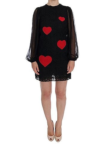 Dolce & Gabbana Basic Black Lace Red Heart Shift Women's Dress (view 1)