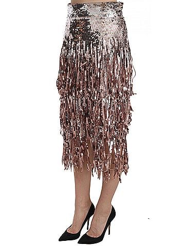 Dolce & Gabbana Basic Sequin Embellished Fringe Midi Pencil Women's Skirt (view 2)