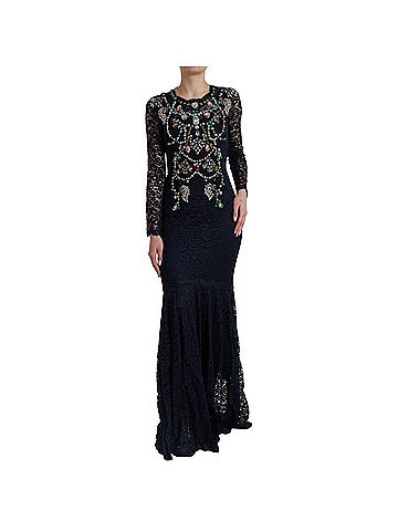 Dolce & Gabbana Basic Blue Crystal Floral Lace Long Gown Women's Dress (view 1)