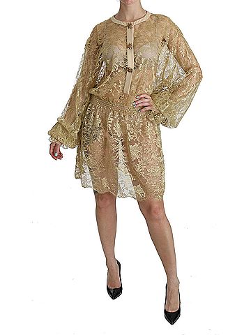 Dolce & Gabbana Basic Gold Lace See Through A-Line Knee Length Women's Dress (view 1)