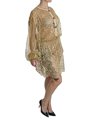 Dolce & Gabbana Basic Gold Lace See Through A-Line Knee Length Women's Dress (view 2)