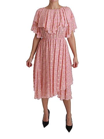 Dolce & Gabbana Basic Silk Pink Polka Dots Pleated A-line Midi Women's Dress (view 1)