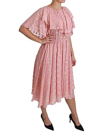 Dolce & Gabbana Basic Silk Pink Polka Dots Pleated A-line Midi Women's Dress (view 2)