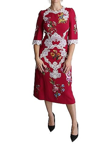 Dolce & Gabbana Basic Red Floral Embroidered Sheath Midi Women's Dress (view 1)