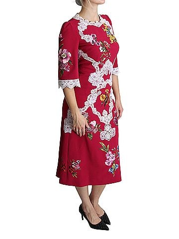 Dolce & Gabbana Basic Red Floral Embroidered Sheath Midi Women's Dress (view 2)