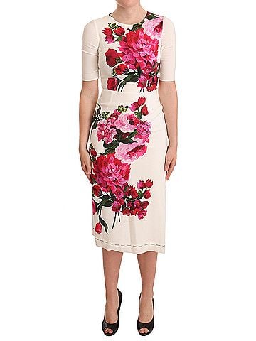 Dolce & Gabbana Basic White Floral Printed Crepe Midi Slit Women's Dress (view 1)