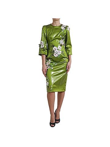 Dolce & Gabbana Basic Green Floral Embellished Sheath Midi Women's Dress (view 1)
