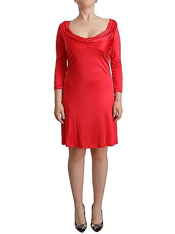 John Galliano Red Viscose 3/4 Sleeves Deep Round Neck Sheath Women's Dress (view 1)