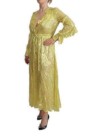 Patrizia Pepe Yellow Silk Long Sleeves Plunging Maxi Women's Dress (view 2)