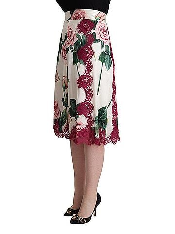 Dolce & Gabbana Basic White Rose Print High Waist Midi A-line Women's Skirt (view 2)