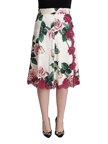 Dolce & Gabbana Basic White Rose Print High Waist Midi A-line Women's Skirt (view 1)