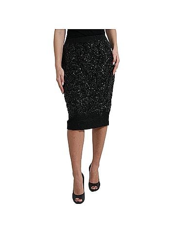 Dolce & Gabbana Basic Black Crystal Handmade Knee Pencil Women's Skirt (view 1)