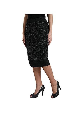Dolce & Gabbana Basic Black Crystal Handmade Knee Pencil Women's Skirt (view 2)