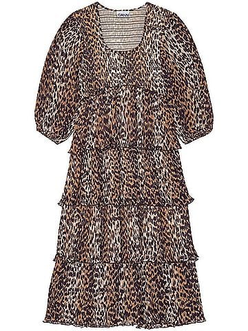 Ganni Women's Leopard Pleated Georgette Flounce Smock Midi Dress (view 1)