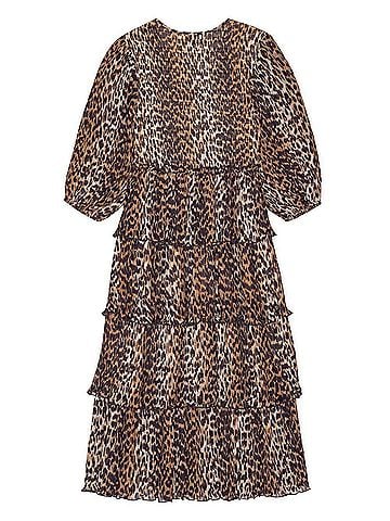 Ganni Women's Leopard Pleated Georgette Flounce Smock Midi Dress (view 2)