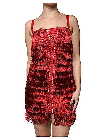 Dolce & Gabbana Basic Red Lace Tassel Sleeveless Sheath Mini Women's Dress (view 1)