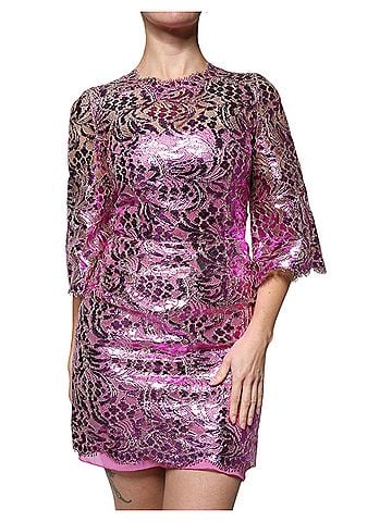 Dolce & Gabbana Basic Metallic Fuchsia Floral Sheath Mini Women's Dress (view 1)
