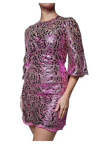 Dolce & Gabbana Basic Metallic Fuchsia Floral Sheath Mini Women's Dress (view 2)