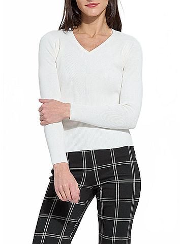 Lyssé Adette V-Neck Ribbed Long Sleeve Top in Natural Pearl (view 2)
