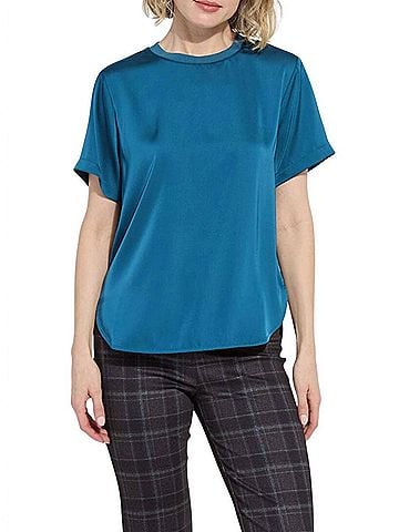 Lyssé Aline Crew Neck Mix Media Top in Irish Blue (view 2)