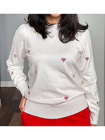 Fate Cross-Stitch Heart Pullover Sweater in Cream (view 2)