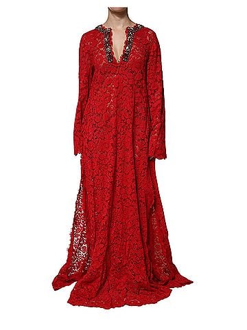 Dolce & Gabbana Basic Red Floral Lace Rhinestone Embellished Women's Dress (view 1)