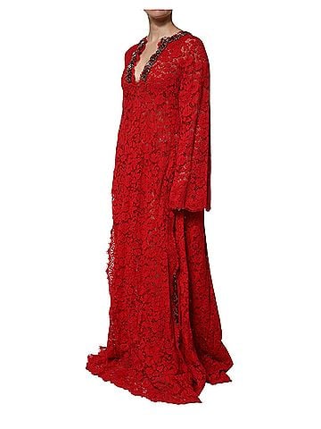 Dolce & Gabbana Basic Red Floral Lace Rhinestone Embellished Women's Dress (view 2)