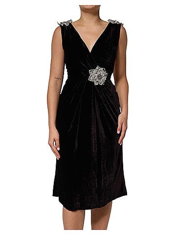 Dolce & Gabbana Basic Black Velvet Flower Embellishment Aline Women's Dress (view 1)
