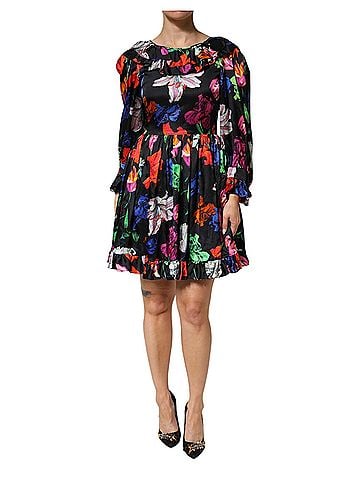 MSGM Women's Black Multicolor Floral Ruffle Long Sleeve Mini Women's Dress (view 1)