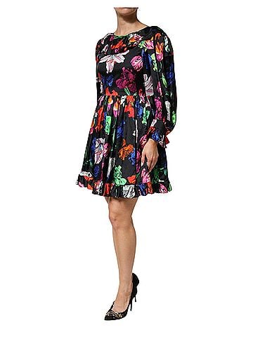 MSGM Women's Black Multicolor Floral Ruffle Long Sleeve Mini Women's Dress (view 2)