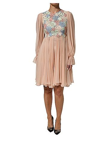 Dolce & Gabbana Basic Pink Floral Embroidery Pleated A-line Women's Dress (view 1)