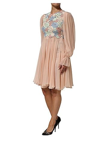 Dolce & Gabbana Basic Pink Floral Embroidery Pleated A-line Women's Dress (view 2)