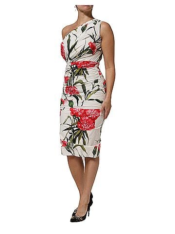Dolce & Gabbana Basic White Floral One Shoulder Sheath Women's Dress (view 2)