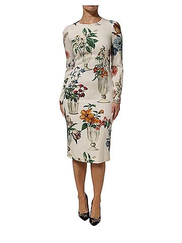 Dolce & Gabbana Basic White Flower Vase Silk Sheath Midi Women's Dress (view 1)